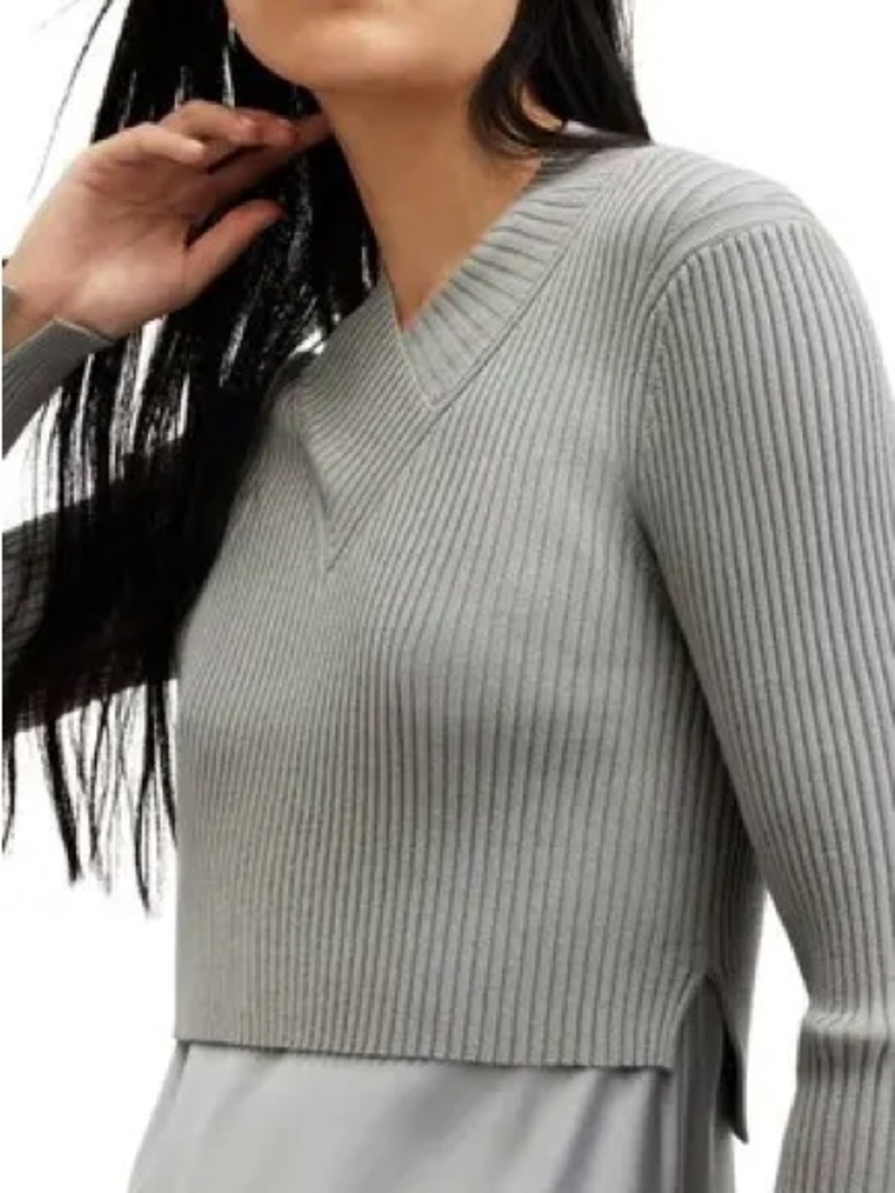 All Saints Hana Ribbed V-Neck Long Sleeve Sweater in Light Gray